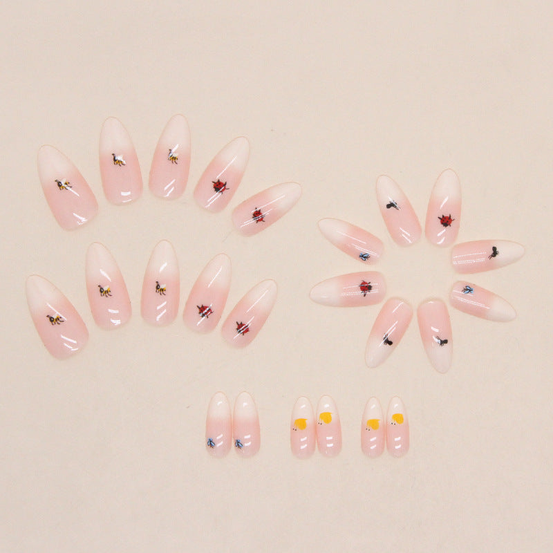 Popular Apricot Gradient Almond Nails Adorable Animal Collection Butterfly Ant Snail Kids Nails-homeunderwear