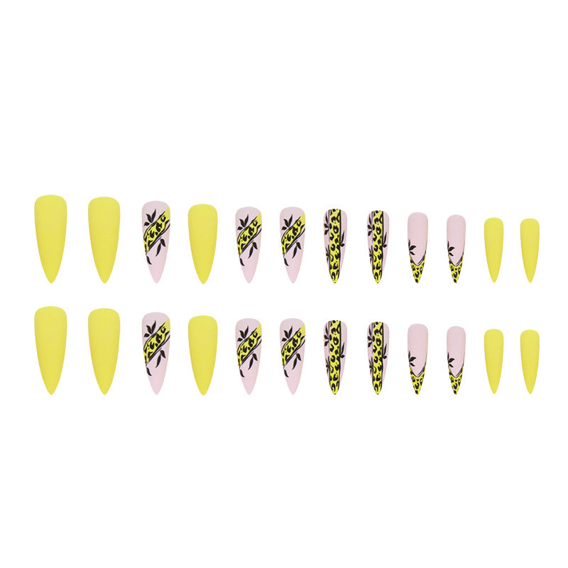 Popular Long Pointed Leopard Print Matte Yellow Nails Ins Style