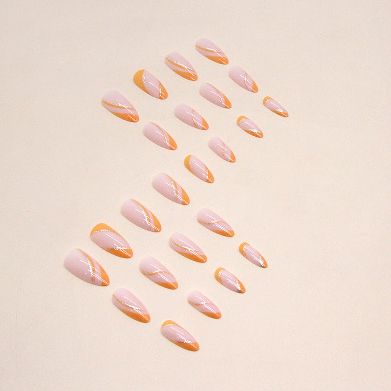 Popular Almond Nails Super Glitter Lines Orange French Edge Fashionable Fake Nails Wholesale