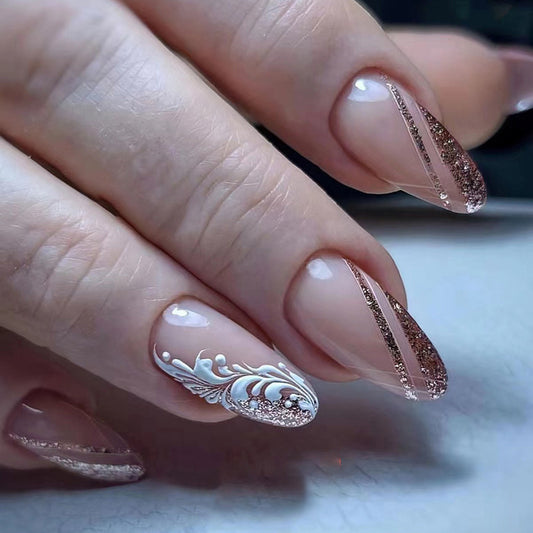 Popular Sweet Almond Nails Sparkling French Edge Floral Design