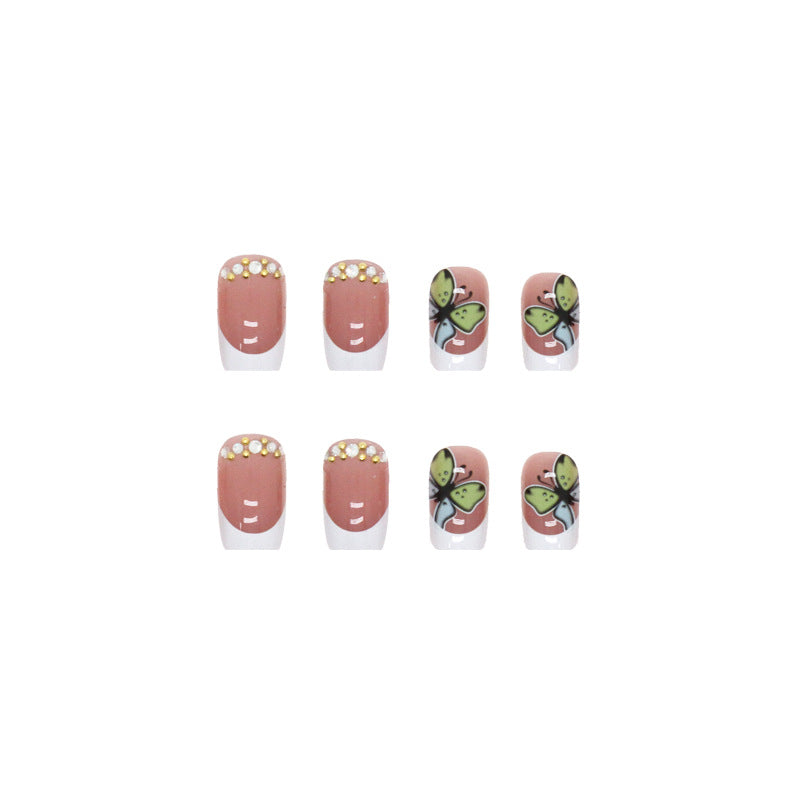 Popular Mid-Length Square Nails with Diamonds White French Edge Clear Pearl Sparkle Butterfly Pink