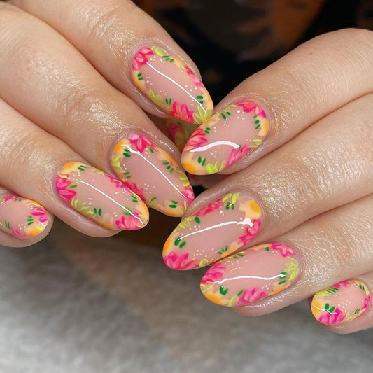 Popular Oval Round Spring Summer Colorful Flower Nails Ins-Style Sweet