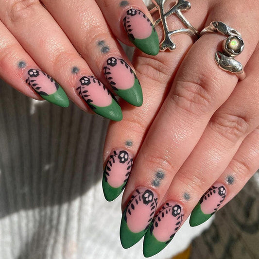 Popular Matte Bamboo Leaf Green French Nails, Skull and Leaf Design