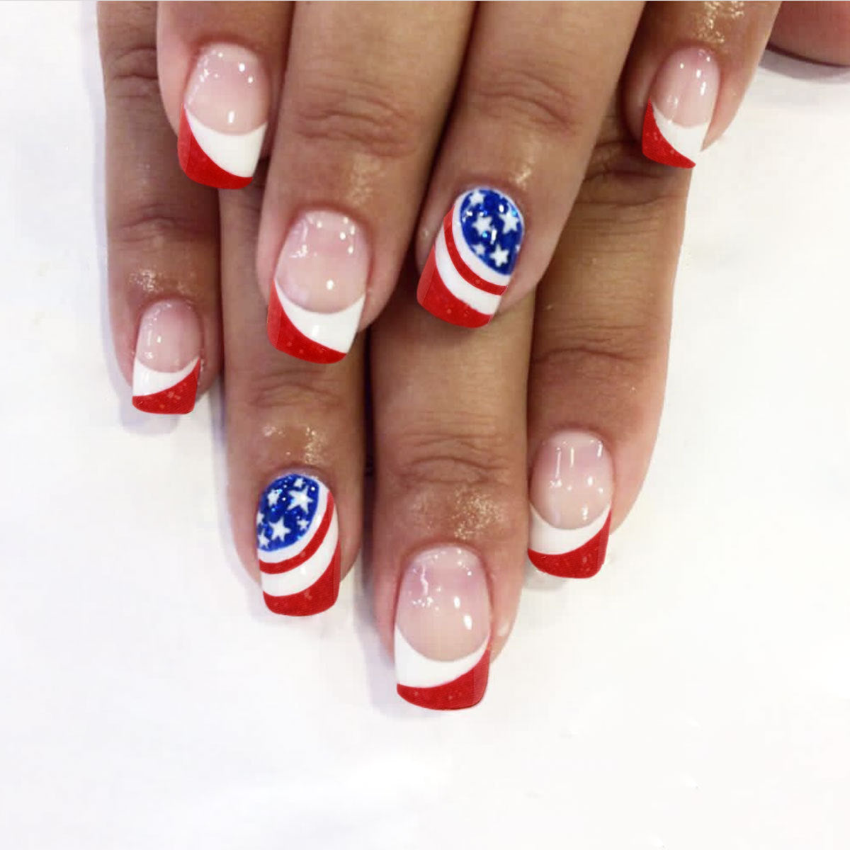 Popular Independence Day Wear Nail Square Red White Blue Stars and Stripes Design Removable Finished Fake Nails