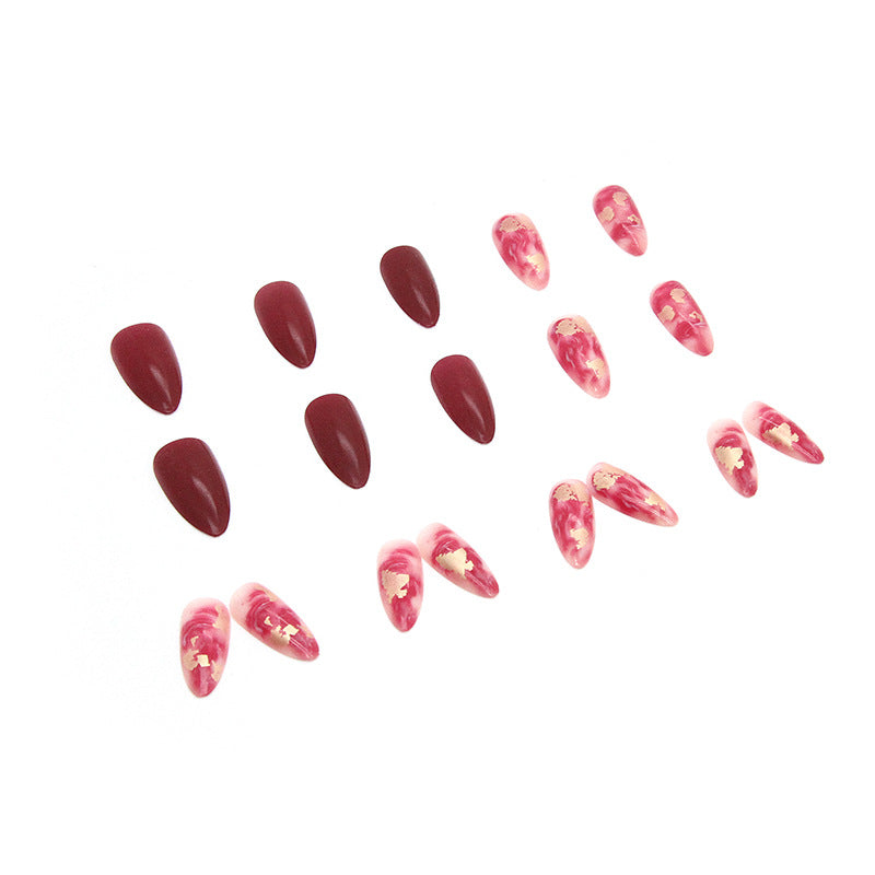 Popular Wine Red Ombre Chinese Style Gold Foil Nails Ins Style Party Bride