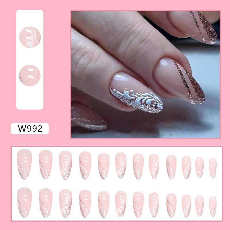 Popular Sweet Almond Nails Sparkling French Edge Floral Design