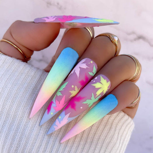 Popular Colorful Maple Leaf Gradient Nails, Long and Pointed