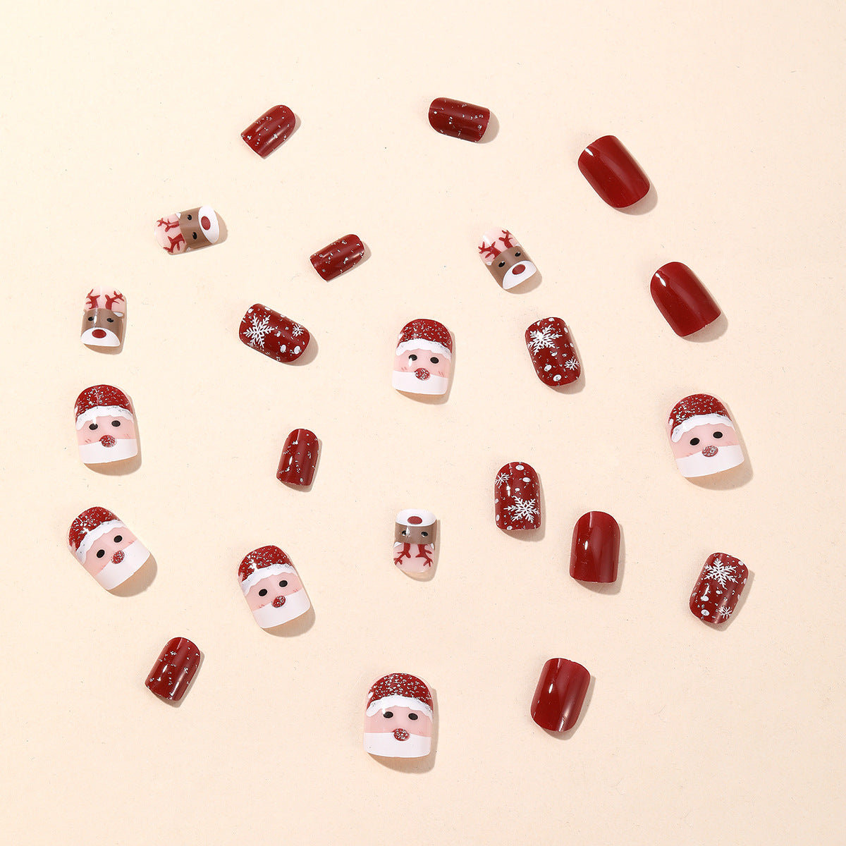 Popular Christmas Red Short Square Santa Reindeer Glitter Detachable Fake Nails