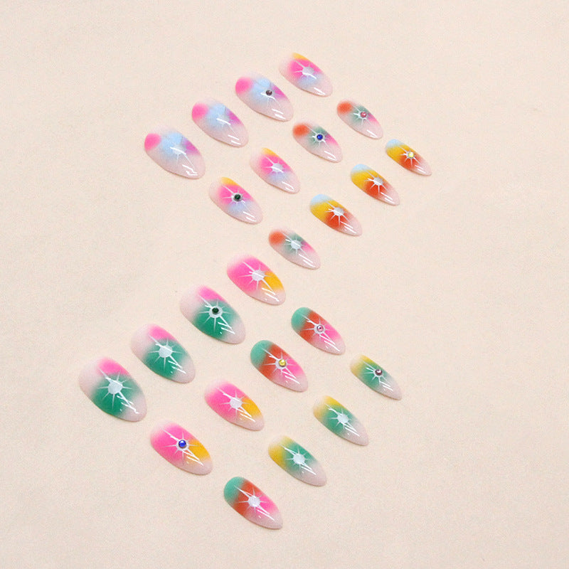 Popular Colorful Rainbow Star Diamond Nails Euro Star Almond Fake Nails Spicy Girl Halloween